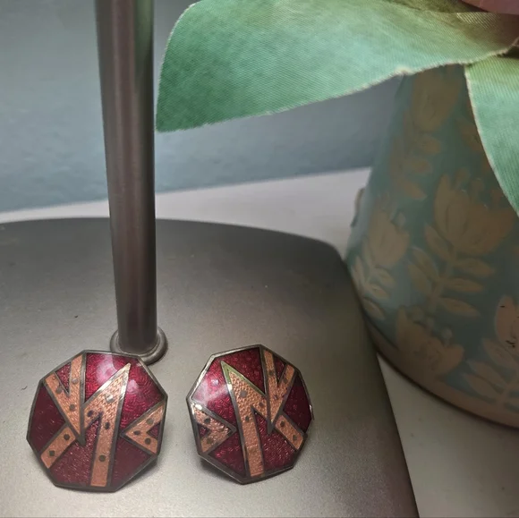 Vintage Geometric Red and Gold Pierced Earrings Signed SG - Picture 2 of 4